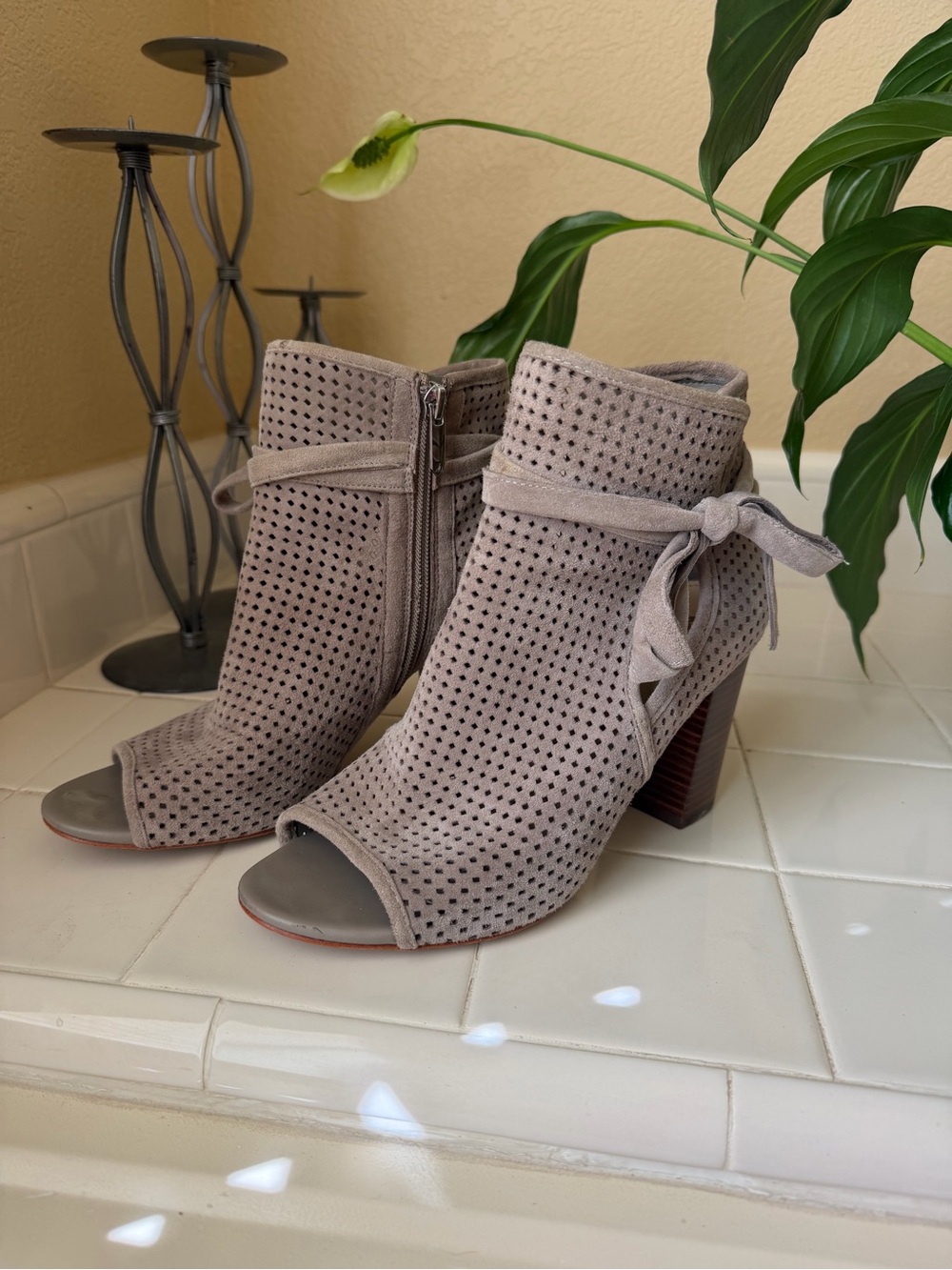 Sam Edelman Taupe Perforated Suede Peep-Toe Ankle Boots with Side Tie